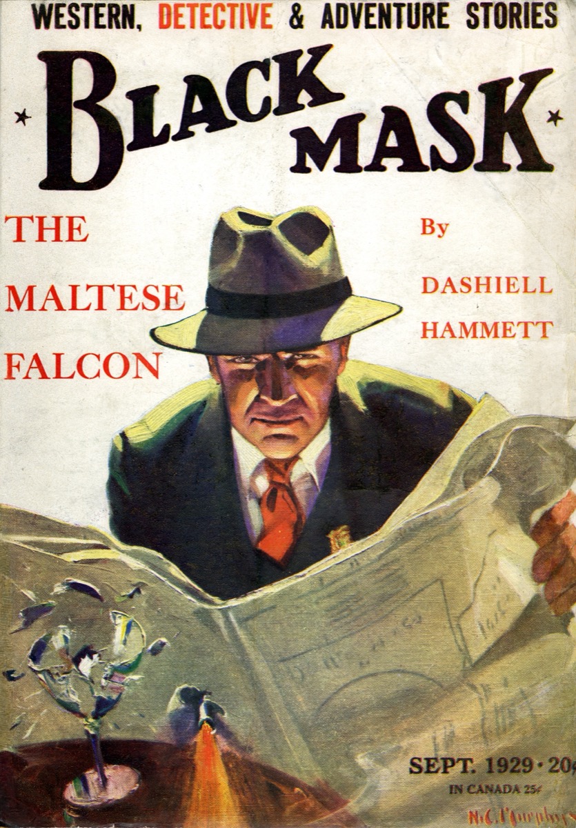 Cover of Black Mask magazine, September 1929: an illustrated pulp cover advertising the first part of The Maltese Falcon.